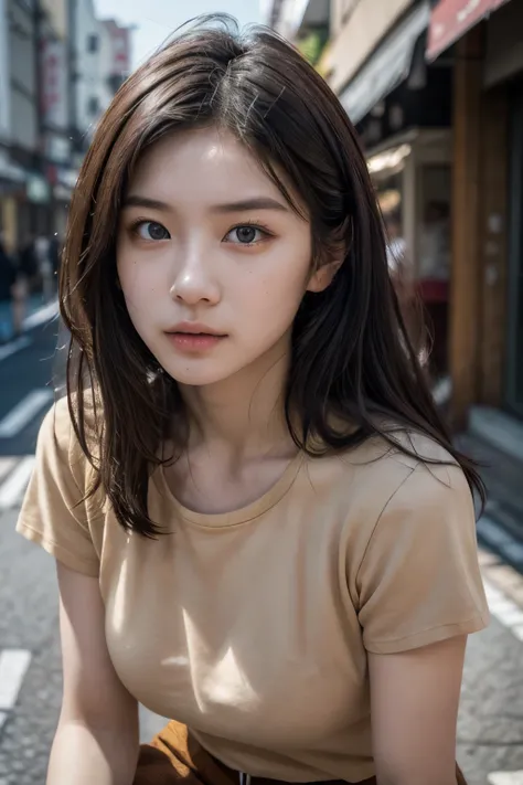 (((17 year old very cute extreme exhibitionist girl wearing a casual outfit))), ((((brown t-shirt, brown trousers,)))), (((perfect eyes and face, perfect anatomy))), ((Full figure:0.9)), Best quality, Masterpiece, Ultra High Definition, (Photorealistic:1.4...