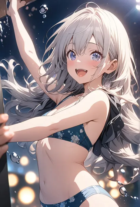 masterpiece, Highest quality, Highly detailed CG Unity 8K wallpapers, High School Girl Anime Illustration. Please wear a small swimsuit.., Open your arms, Her eyes and mouth are open, smile. Silver Hair, black eye, twins, Bokeh Photo, (Soft Focus):1.2, Out...