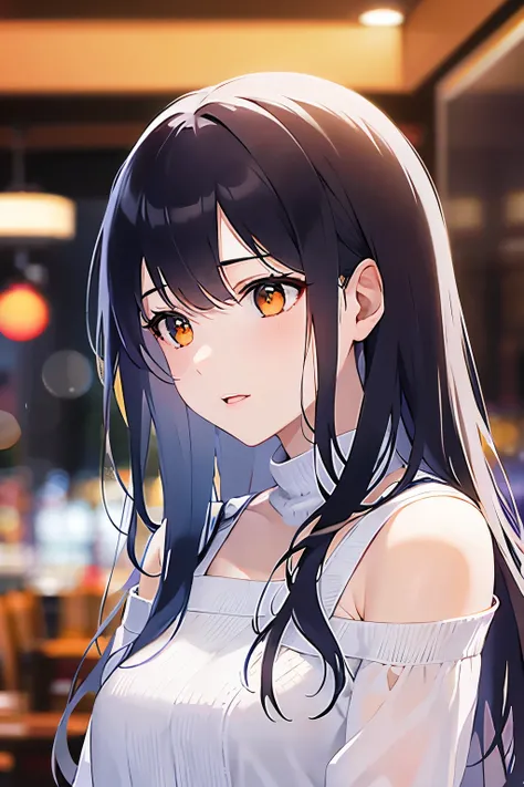 side angle, (looking away:1.5), Close-up of your face, (pale skin: 1.2), shiny skin, shiny hair、(A 25-year-old woman with medium-length hair and bangs) and (wavy hair) and (brown hair) and (orange eyes) , (white) and (off shoulder blouse) 、Sad smile, open ...