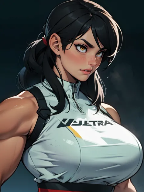 joyful gleaming eyes black hair yellow eyes pale skin sharp focus muscular girl massive breasts muscular girl solo