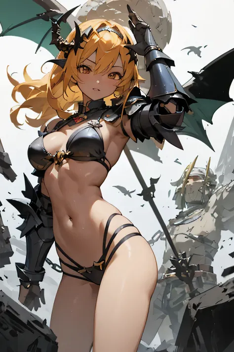 Anime girl posing with wings and armor in photo, armor girl, bikini armor female knight, by Yang J, Succubus, free pose、mechanized valkyrie girl, angel knight girl, Bikini Armor, Torn Bikini Armor, abdominalusculature、Thin macho、Open your crotch、free pose、...