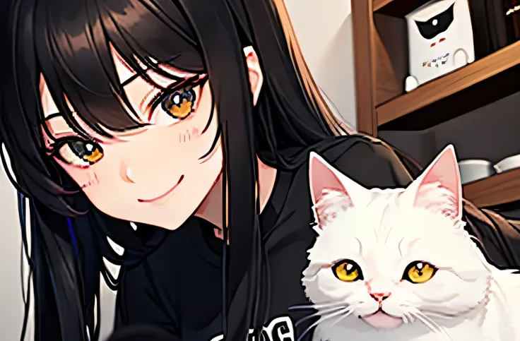 One Woman,Long black hair,At the cat cafe,smile,blackＴWearing a shirt,The eyes are particularly high quality,Sticking his face to a white cat