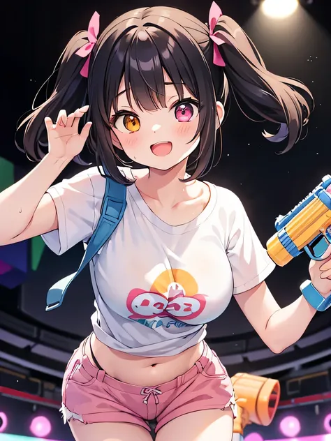 (masterpiece, Highest quality, Detail view), short hair with twin tails, Black Hair, Super Baby Face, Droopy eyes, Heterochromia iridis, Pink Eyes, Orange eyes, Super huge breasts, Height: 145cm, A 13-year-old girl in a t-shirt and shorts on a stage illumi...