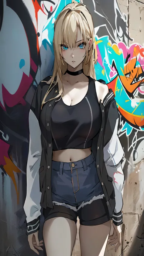 anime girl in black top and jeans shorts standing in front of graffiti wall, blonde hair, light blue eyes, black and white jersey jacket, (((big breasts))), urban girl fanart, badass anime 8 k, anime style 4 k, anime style character, female anime character...