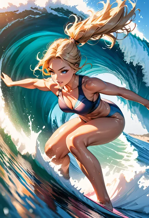 a woman surfing on big waves, high detailed woman, beautiful detailed eyes, beautiful detailed lips, extremely detailed face and skin, long eyelashes, blonde hair, athletic body, adrenaline, action, motion blur, ocean waves, foamy water, blue sky, bright s...