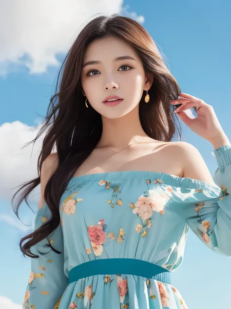 feature is、A young woman with big blue eyes and long flowing hair that changes color from blue to pink.。she、Standing against a bright, clear blue sky with a few white clouds。women are、A white, loose long-sleeved top is draped over the shoulders.、She is wea...