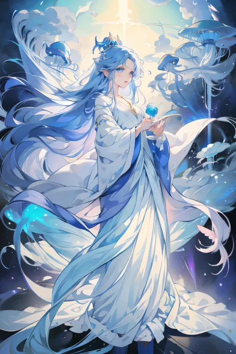 Anime girl in blue，Blue hair and blue clothes, Flowing Magic Robe, ((Beautiful fantasy queen)), Star Witch Costume, Full body fairy, Beautiful Celestial Mage, heise jinyao, Beautiful fantasy queen, cotton cloud mage robes, Jellyfish Priestess, ethereal ess...