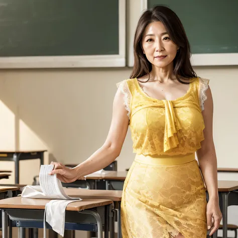 High resolution, High-level image quality, High definition, masterpiece, 8k, Anatomically correct, Professional Lighting, sharp, White Photo, ((Japanese Mature, 90 years old, Beautiful female teacher)), One person, ((Facial wrinkles)), Shapely large breast...