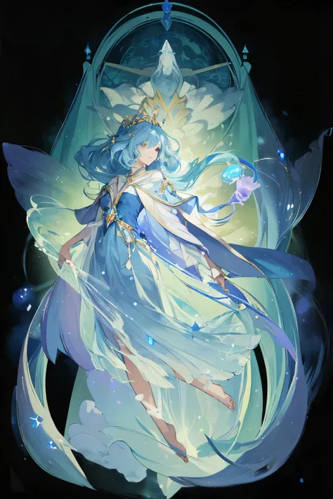 Anime girl in blue，Blue hair and blue clothes, Flowing Magic Robe, ((Beautiful fantasy queen)), Star Witch Costume, Full body fairy, Beautiful Celestial Mage, heise jinyao, Beautiful fantasy queen, cotton cloud mage robes, Jellyfish Priestess, ethereal ess...