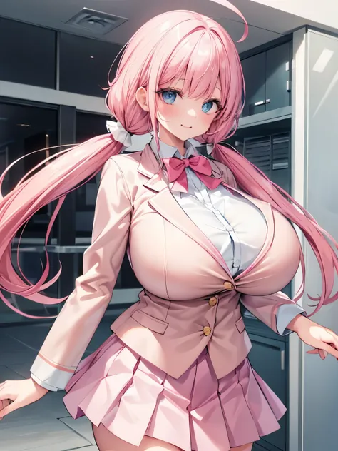 best quality,detailed and cute eyes,very cute face,(solo girl),(gigantic breasts:1.5),(pink hair),(low twintails:1.4),scrunchie,...