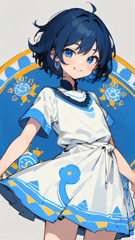 One Girl、solo、Short hair like a boy、Dark blue hair、blue eyes、smile、White dress with ethnic patterns、Line art、Simple Background