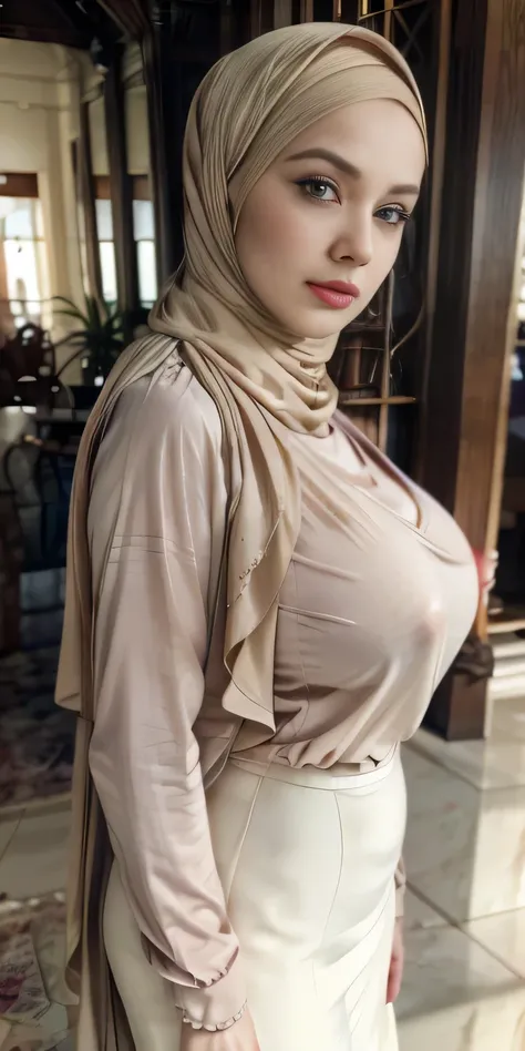 1 mature lady, pale skinned babe, wearing a beige coloured pashmina hijab, casual girl outfit, pink half button blouse, outer jacket, and long skirt, (fashion), (At university park 1.2), slim waist and slender body type, tall, (huge massive breasts 1.8), u...