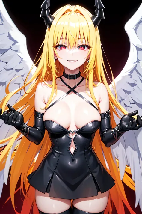 (masterpiece:1.6, best quality), (finely detailed beautiful eyes: 1.2), phyami, yamidarkness, 1girl, solo, blonde hair, wings, long hair, horns, red eyes, black wings, bare shoulders, hair intakes, collarbone, choker, demon horns, halterneck, feathered win...