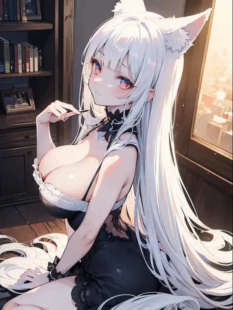 Girl with La Catrina makeup, View from above with a devilish grin, Long white hair, Fox ears,whole bodyにタイトなラテックスキャットスーツ, Cleavage, Perfect breasts, Big Ass, whole body, {Highly detailed 8k CG unit wallpaper} , Vast landscape photography, (A low perspectiv...