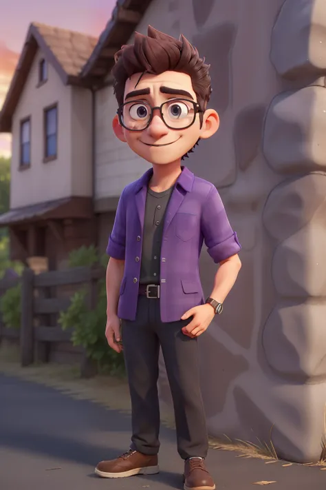 (best quality,high resolution,Extremely detailed) A 40-year-old brown-haired oriental man wearing black clothes, glasses sunglasses, . He has short hair. Against the wall.Smiling in purple shirt.Light colored blazer with blue eyes. Right hand praise. Sunse...