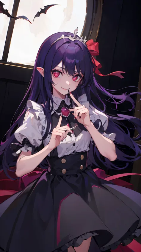 (purple hair, hime cut), tiara, mismatched sclera, evil smile, Red glowing eyes, Baroque, chiaroscuro, masterpiece, accurate, high quality, best quality, high details, super detail, Vampire, aristocratic vampire, dark castle interior, moonlight shining thr...