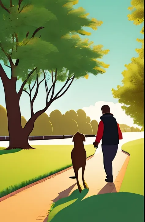 "Design a heartwarming scene of a dog and its owner on a walk.   illustration for t-shirt design"
