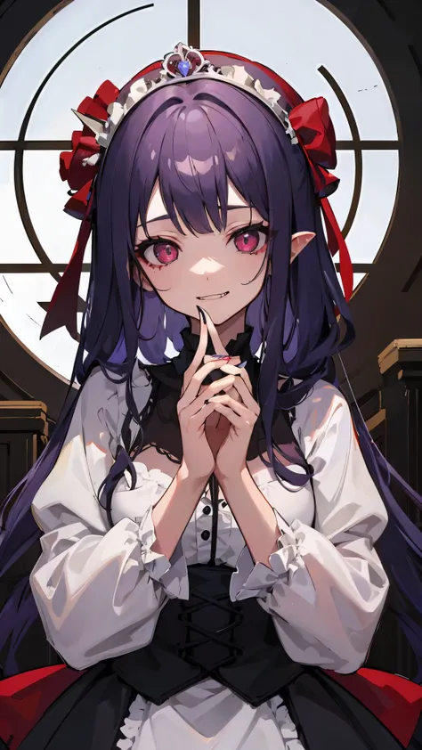 (purple hair, hime cut), tiara, mismatched sclera, evil smile, Red glowing eyes, Baroque, chiaroscuro, masterpiece, accurate, high quality, best quality, high details, super detail, Vampire, aristocratic vampire, dark castle interior, moonlight shining thr...