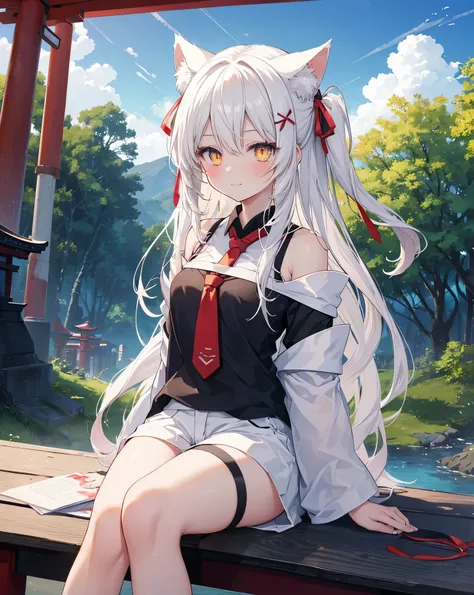 GENERAL DETAILS (Highest quality, Masterpiece: 1.2), (Solo), 4K, 8k, hdr, ultra vibrant colors, detailed cute shot CHARACTER DESCRIPTION 1girl, cat ears, neko ears, fox tail. shes my girlfriend. solo, ((yellow_detailed_eyes)), ((white_hair)). smile, long_h...