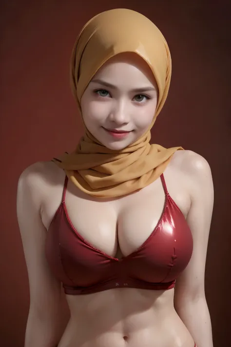 Naked, (((VERY SHINY SKIN))), Very cute like a baby face, ((Stylish Hijab)), adorable, 1 girl, 10 years old, baby face, shy, half body portrait,smile,  (face details: 1), (eye details: 1), ((round large breasts, cleavage)). Cute posed. proportional body. U...