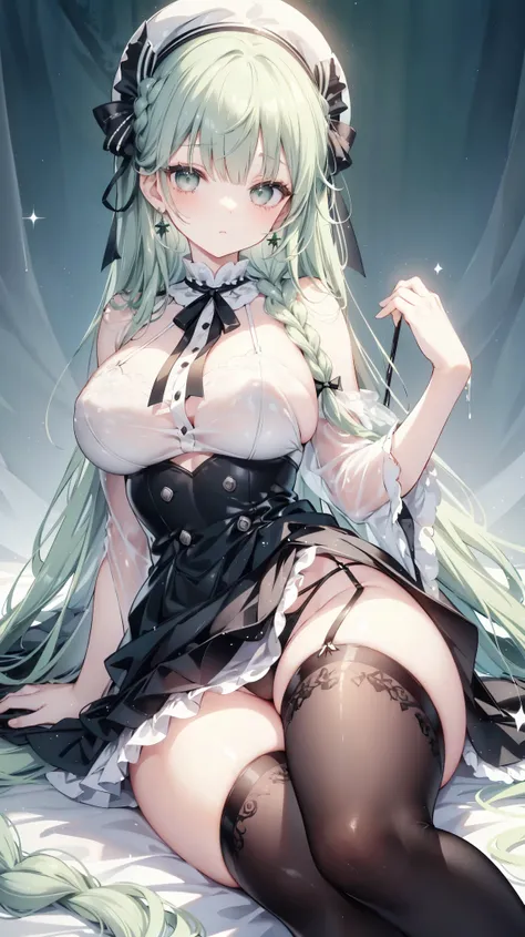 Forest green hair、long hair、Braid、Straight bangs、earrings、Round eyes、Drooping eyes、Silver Eyes、White Beret、Black Ribbon、Shoulder Bare、side、Big Breasts、White clothes、skirt、Dark green decoration、Black tights、Black garter belt、See-through、sit、Spread your legs...