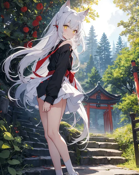 (Highest quality, Masterpiece: 1.2), (Solo), detailed night cute shot CHARACTER DESCRIPTION 1girl, cat ears, neko ears, fox tail. shes my girlfriend. solo, ((yellow eyes)), ((white_hair)). smile, long_hair, hair_between_eyes, Cute smile, shes flirting, loo...