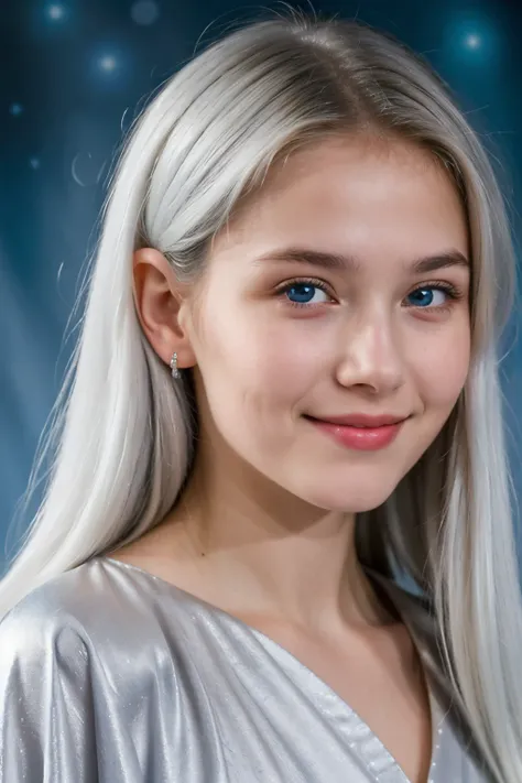 ((Best quality)), close up портрет, , girl age 15 years, From another world, looks from another planet, wearing a transparent silver robe, White hair, Blue eyes, light modest smile, bokhe, extraterrestrial appearance, blue eyes, kind loving look full of lo...