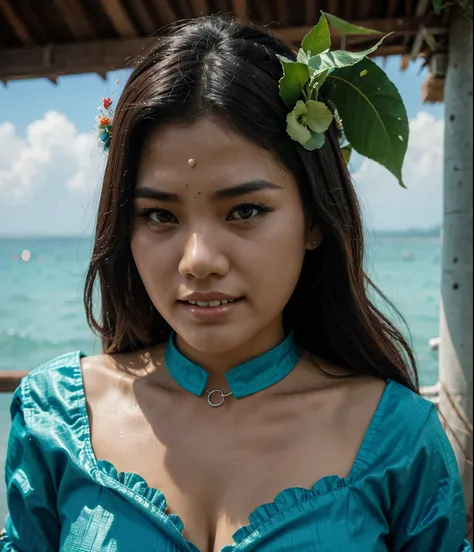 ocean , A giant woman with fangs wearing a sad Thai costume ,กลางoceanคนเดียว