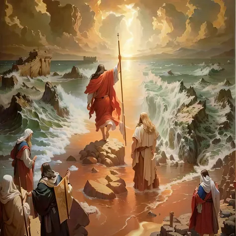 a painting of Jesus walking on a rocky beach with a flag, epic biblical representation, moisés, biblical painting, biblical art, biblical art style, biblical image, Jesus walking on the water, bible illustration, inspired by Moses van Uyttenbroeck, por Sco...