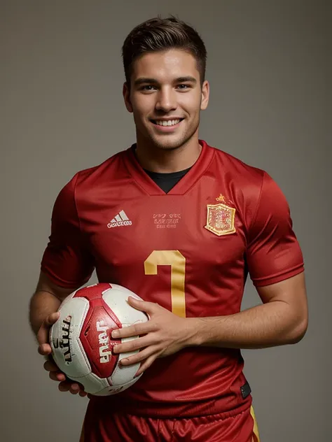 Handsome male football player, 27 years, Spanish appearance, dressed in a red football uniform, posing with a soccer ball in his hand, smiling, Beautiful, waist-length photo, football photography, studio lighting, excellent quality