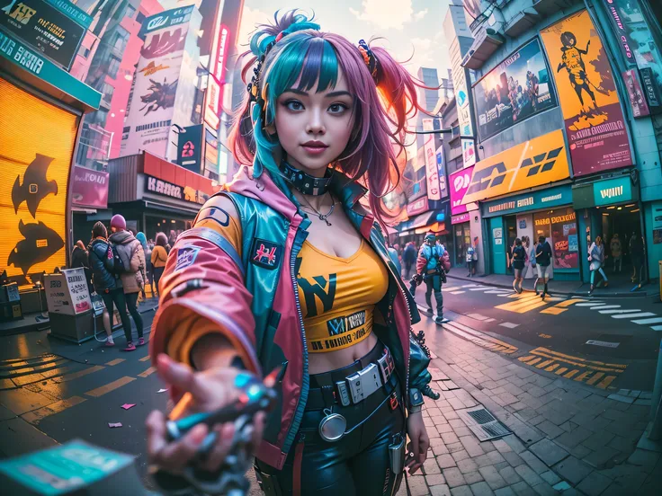 ((2 cyberpunk girls wearing colorful Harajuku style pop outfit)), ((((fisheye lens)))), cowboy shot, wind, messy hair, ((cyberpunk 2077 cityscape)), (cyberpunk aesthetics and atmosphere:1.3), bright colors, smiling, ((cinematic lighting))