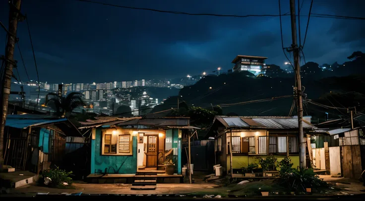 namaste. small and beautiful shack, in a clean favela in rio de janeiro.cozy feeling. details intricate. cinematic lighting. str...