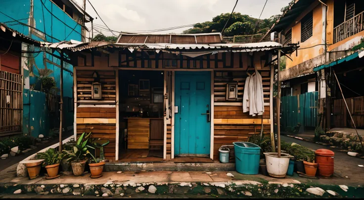 Namaste. small and beautiful shack, in a clean favela in Rio de Janeiro.Cozy feeling. details Intricate. cinematic lighting. Strong and bright colors