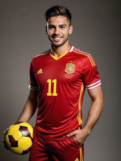 Handsome male soccer player, 27 years, Spanish appearance, with light stubble on the face, dressed in a red soccer uniform, posing with a soccer ball in his hand, smiling, looks straight into the camera, half body, football photography, studio lighting, ex...