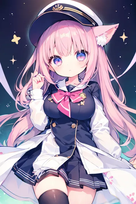 Navy uniform、Elementary school girl、7-year-old girl,Pink shortcuts,Very beautiful and Shining Eyes、Shining Eyes、1 girl、Large Breasts、Cat ear、