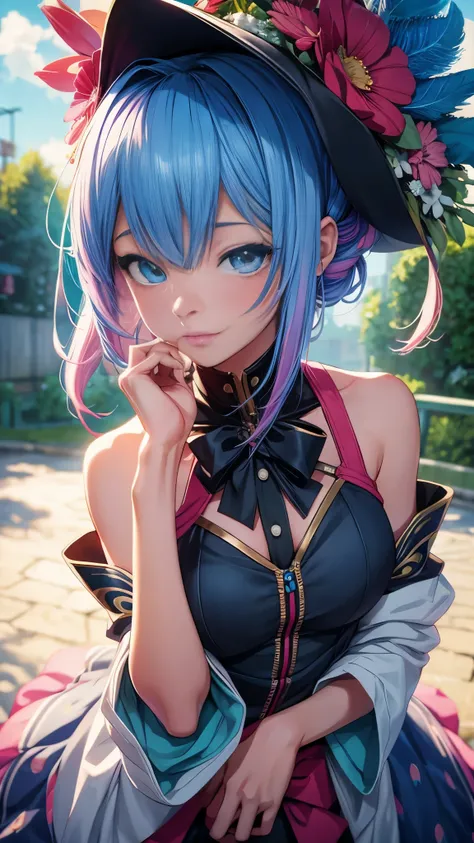 (nsfw), A Girl with Blue-Pink Hair and Peacock Feathers, Inspired by Narihiko-kun, in the Heart of Society, 🌺 Anime Style. 8k, Anime Style 3D with Detailed Artwork, Gaining Popularity on CGstation. 8k High-Quality Detail Art, Following the Gubes-style, Emb...