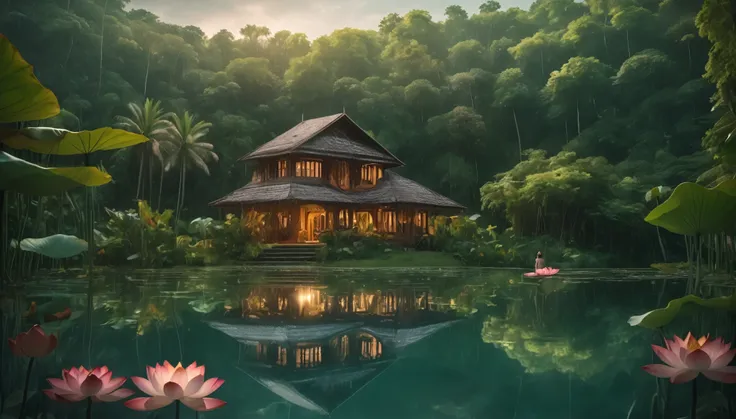 Namaste. Person in lotus meditating. intricate imagery. Beautiful landscape of a house on the edge of a lake in a tropical forest. Intricate details Cinematic lighting. 