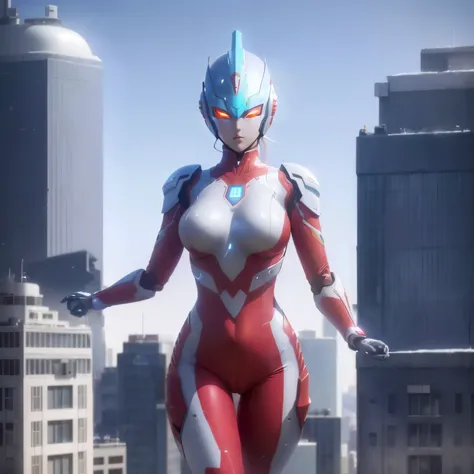 Arafat, wearing a red and white suit, stands on a ledge in front of the city, Feminine body, Ultraman, Full body! asuka suit, Anime CGI style, Giantess Art, Perfect anime woman, Female body, Anime CGI, Super giant super realistic, Hero pose colorful city l...