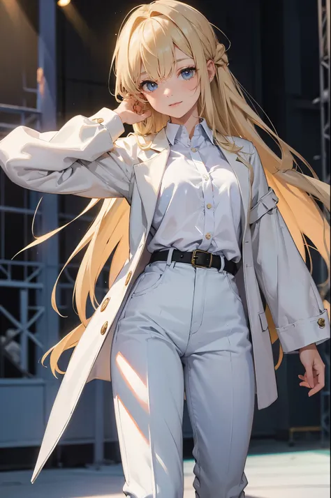 masterpiece, ultra detailed, 8k portrait, RAW photo, portrait photography, Highly detailed face, beautiful and meticulous eyes, 15 years old, standing on the stage, white shirt and blue half pants, thin long white coat, cute girl, long hair, light blonde g...