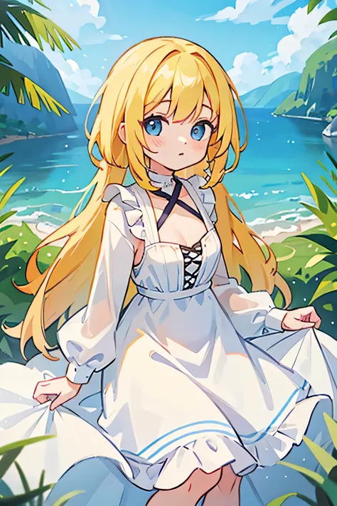 Yellow Hair, blue eyes, Long Hair, woman , White Dress, D Cup