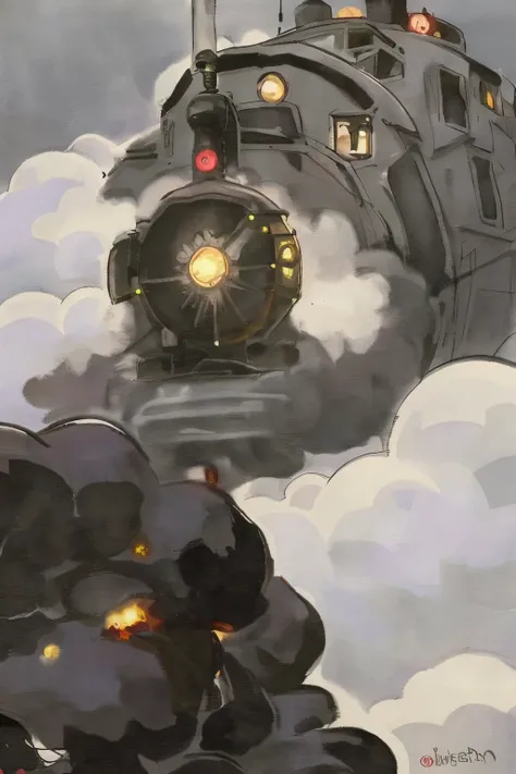 (8k, highest resolution, masterpiece:1.2), (photorealistic:1.4), A steam-engine train, emitting a thick column of dense, coal-black smoke, advances steadily along an old-fashioned set of railway tracks. The train, boasting a prominent, radiant headlight, i...