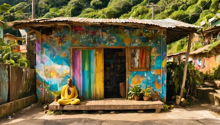 Beautiful shack in a clean favela in Rio de Janeiro. Em primeiro plano, a person meditating