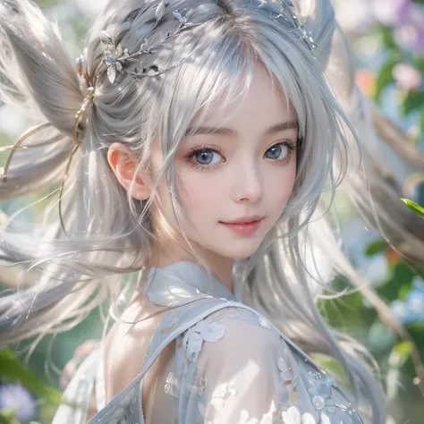 (masterpiece:1.3), (8k, realistic, RAW photos, Best image quality: 1.4), white skinned fairy woman、Short hair、split:2.0、very detailed face、attention to detail、double eyelid、sharp focus:1.2、Beautiful woman:1.4、silver-white hair、best quality、masterpiece、ultr...