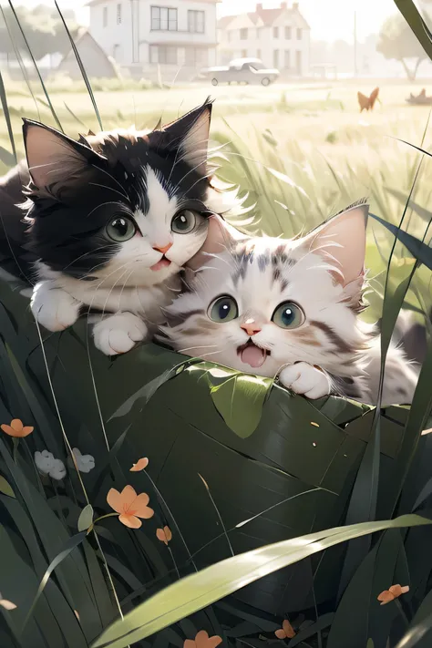absurdres, (masterpiece:1.2), best quality, PIXIV, 1cat, on an adventure, in tall grass, with another cat, playing, cute, fluffy, outdoors, dragonflies, daytime, sunlight, bright, wholesome