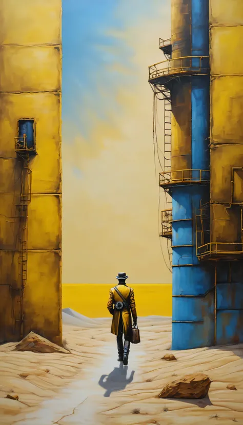 oil on canvas, high relief textured, steampunk man in the desert walking alone, construction, construction site, building, azul e amarelo, floor, minimalistic