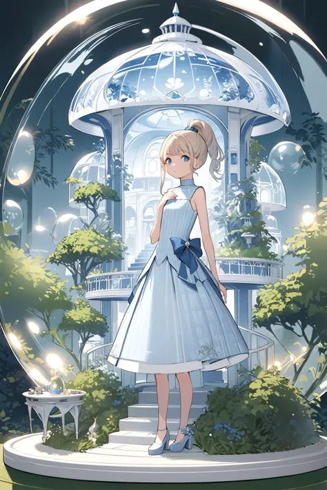 masterpiece, high quality. A detailed full-body illustration featuring a young girl with long, platinum blonde hair tied into a high ponytail with a large blue bow. She has large, captivating blue eyes and a thoughtful expression. She is dressed in a light...