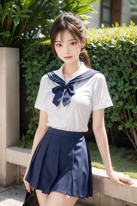 (ultra hd), (sailor suit:1.4, white short sleeve shirt, navy blue mini skirt), big breasts, slender, narrow waist, whole body, s...