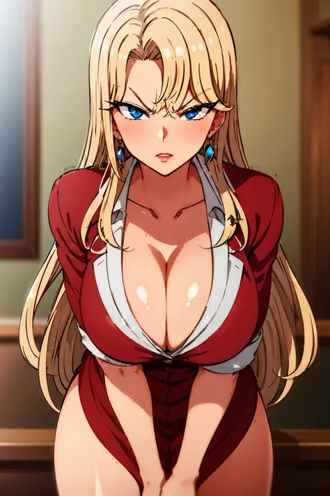 (masterpiece:1.4),(best quality:1.4), blonde hair, red dress reika kurashiki, blonde hair, blue eyes, large breasts,jewelry, par...