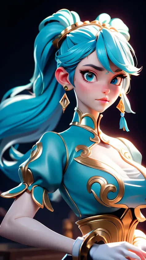 (ultra realistic,32k, masterpiece:1.2),(high detailed skin:1.1),( 8k uhd, dslr, high quality:1.1), pneumadef,turquoise hair, ponytail, tiara,(turquoise eyes:0.9) earrings, chest jewel, armor, gloves, , huge breast, (looking at viewer, portrait:1.1),, ,(rad...