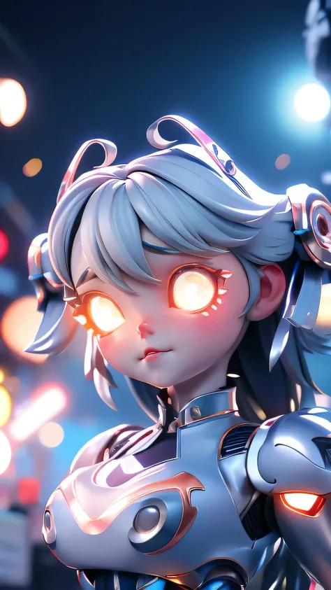 masterpiece, best quality, ultra-detailed, illustration,volumetric lighting, lens flare, racing2014, (robot loli:1.2), cute face, (metal skin:1.1)